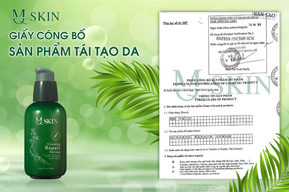 Phiếu công bố 002559/19/CBMP – HCM được Sở Y tế cấp cho sản phẩm MQ Skin Ginseng Repair Serum